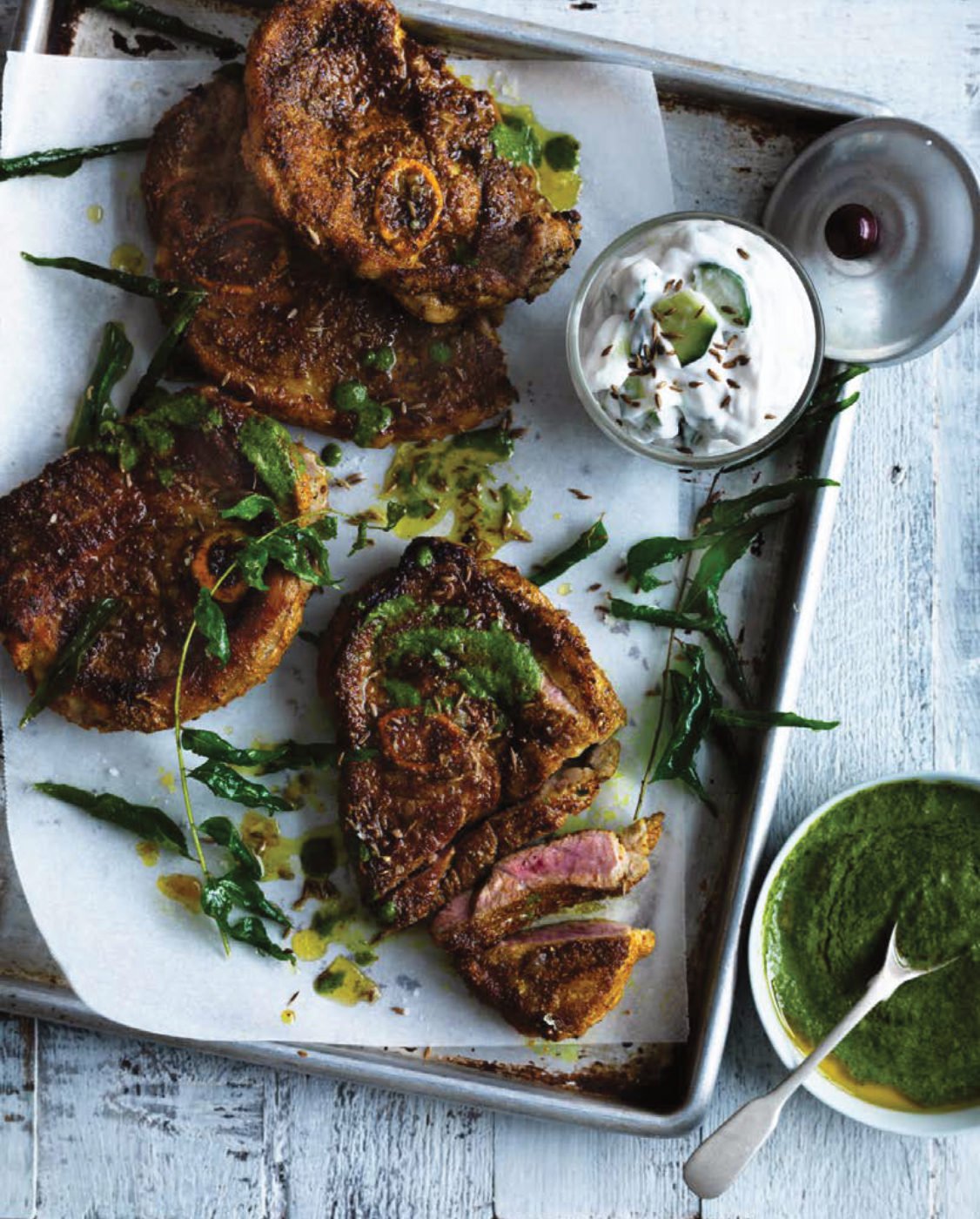 Spiced lamb chops with mint chutney
