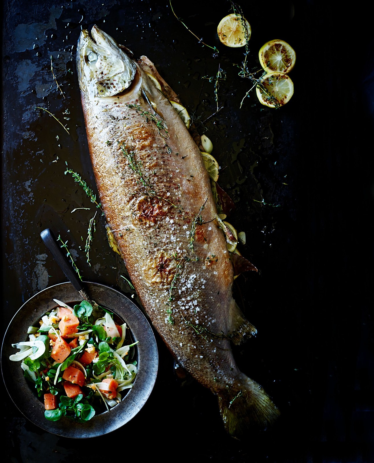 Whole roasted wild salmon with lemon and herbs